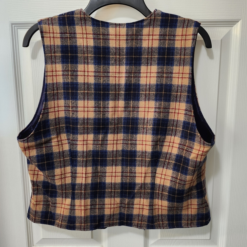 Vintage 90s Pendleton Wool Plaid Vest Petite 14 Navy Tan Tartan Button Front - Picture 3 of 6